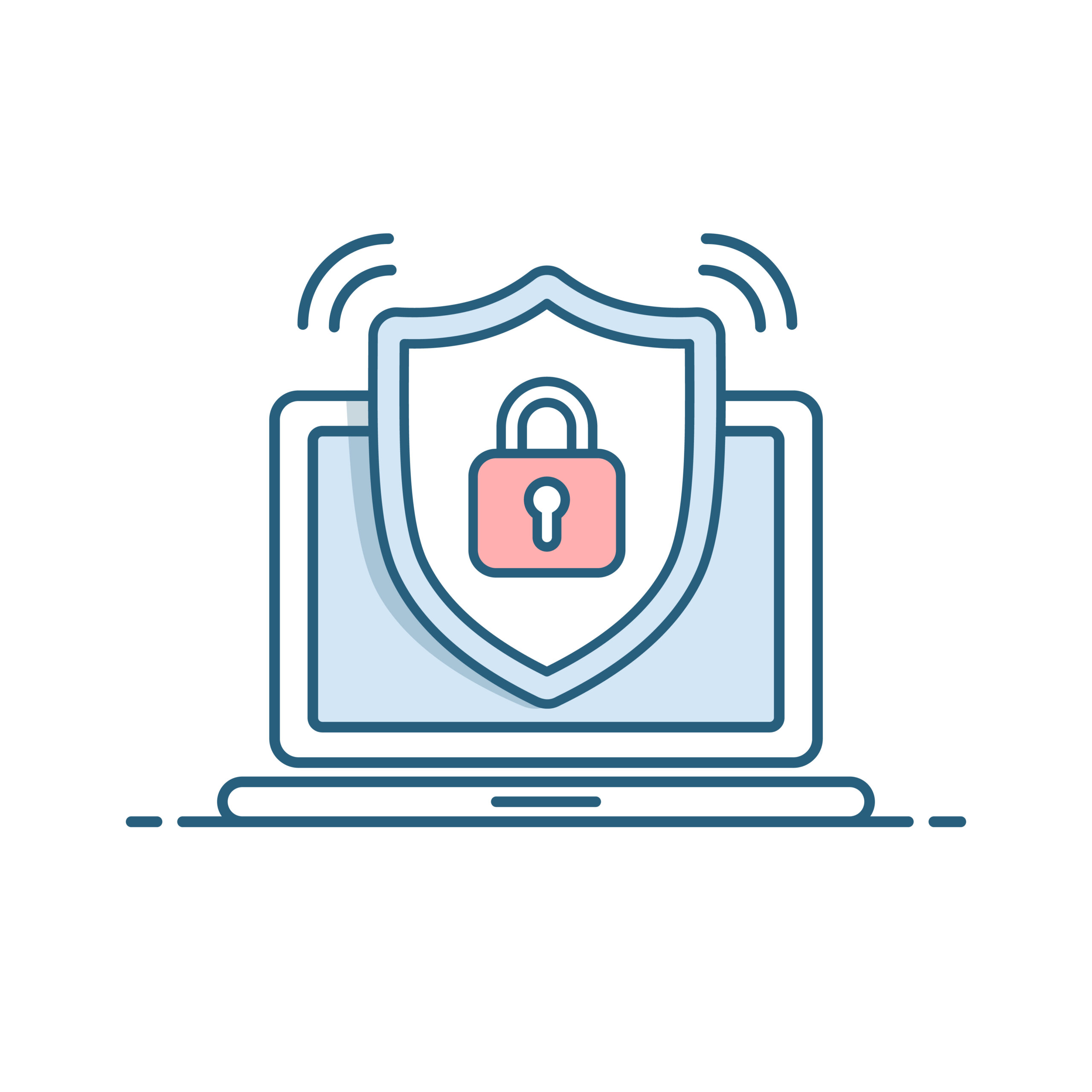 Shield icon with padlock on screen laptop. Security concept. Isolated vector illustration on black background. proteccion de datos